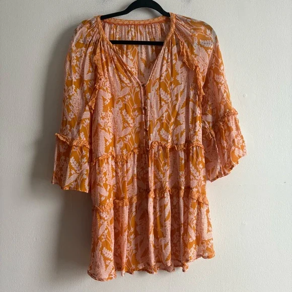 Anthropologie Sz M Mia Bohemian Semi Sheer Printed Flutter Sleeves Blouse Tunic - Picture 2 of 11